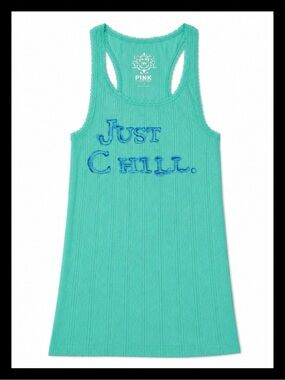 💕ⓅⒾⓃⓀ ⓋⓈ Y2K/VINTAGE/RARE Green “JUST CHILL” Pointelle Racerback Tank Top✨NWT✨💕
